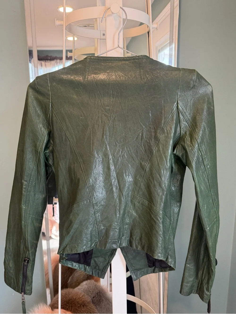 Vintage Emerald Green Lambskin Leather Moto Jacket Cropped Fitted - Picture 6 of 8